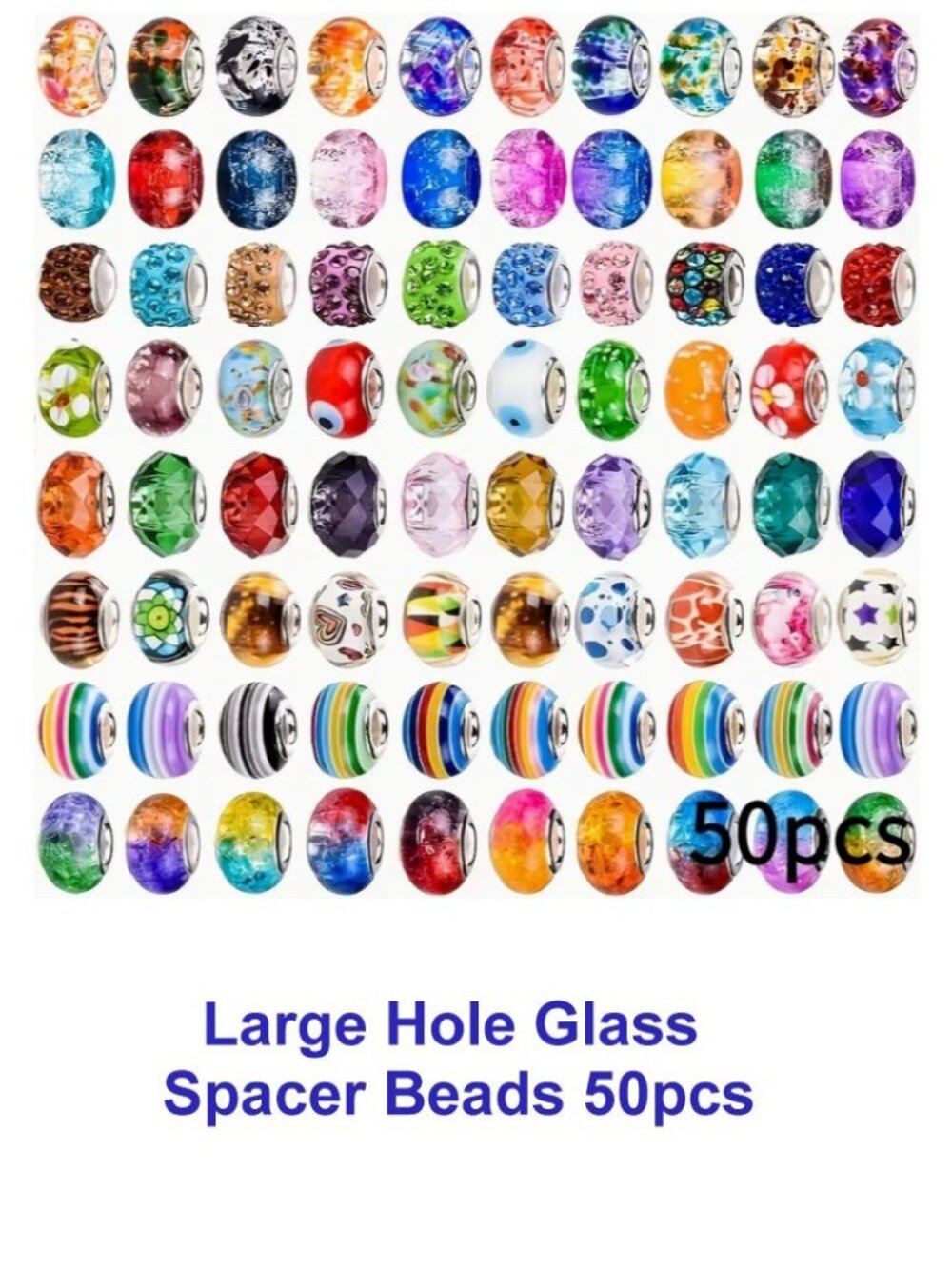 Large Hole Glass Spacer Beads 50pcs Assorted